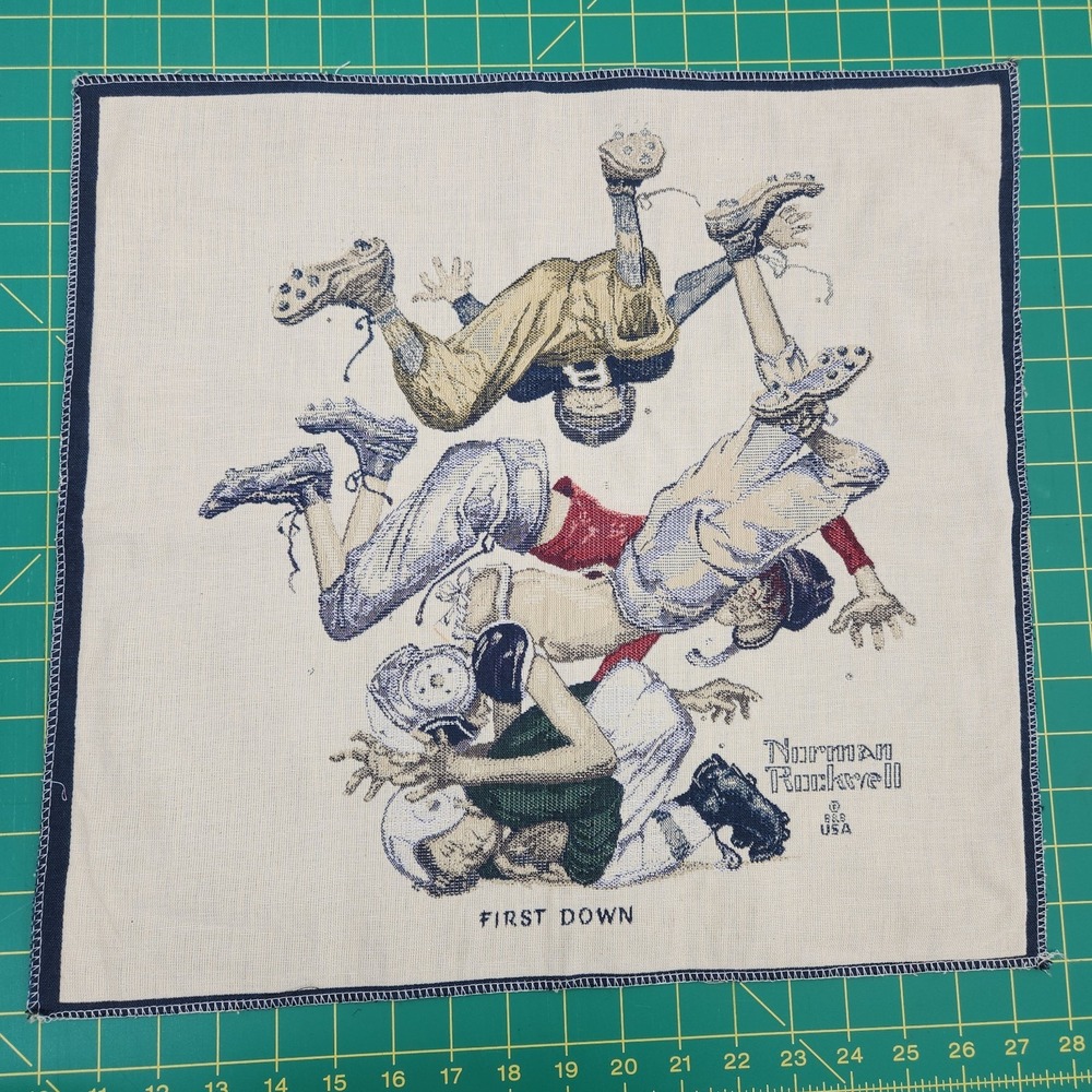 Vtg Norman Rockwell  Sporting Missed First Down Tapestry Fabric Panel 17" Aged